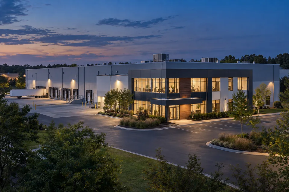 Illustration of a commercial warehouse and office with warm windows at dusk