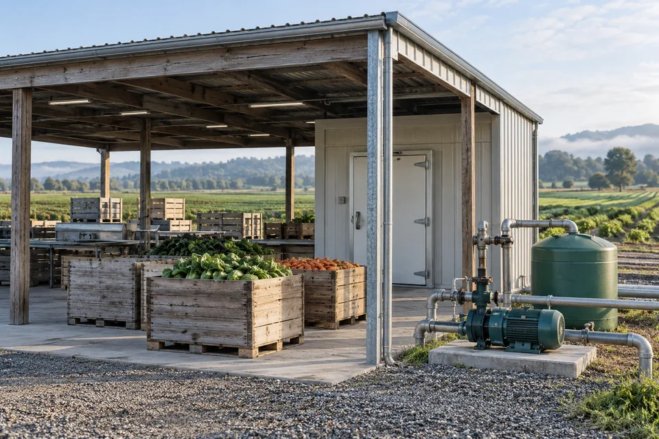 Illustrative agricultural packing shed with produce storage and irrigation equipment.
