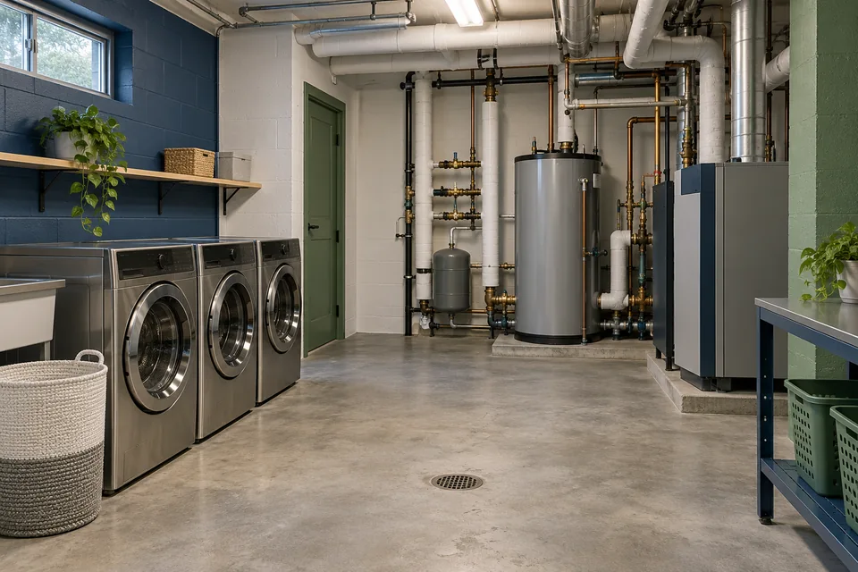 Illustrative apartment-building shared laundry and central hot-water equipment.