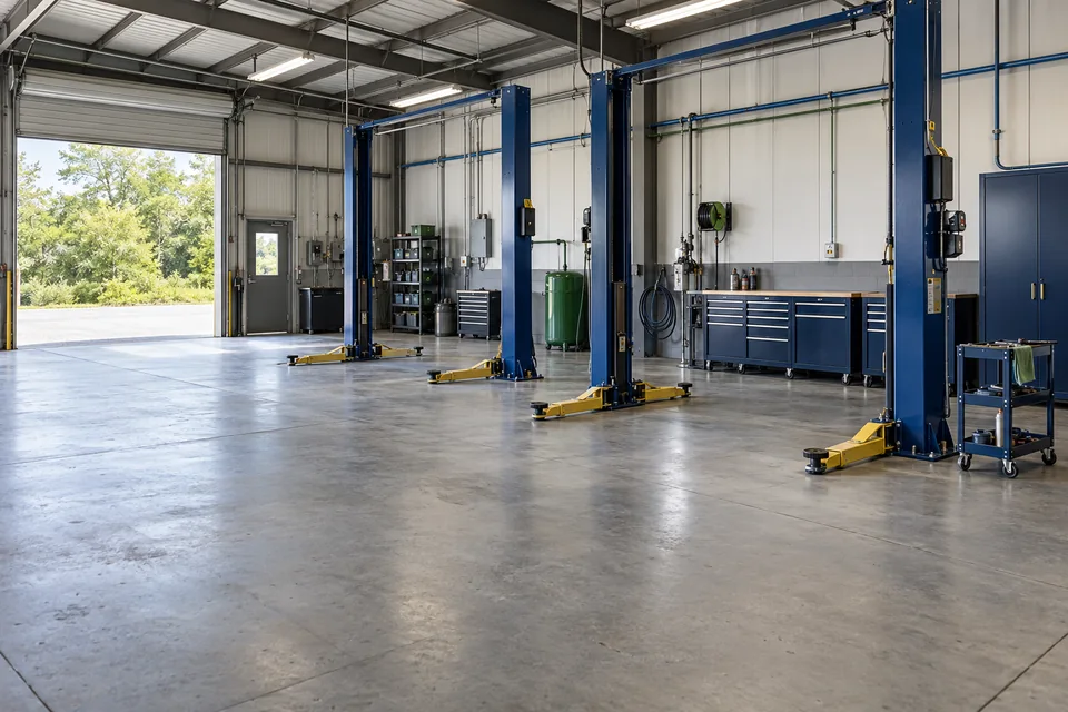 Illustrative empty automotive repair workshop with service lifts, tool storage, and compressed-air equipment.