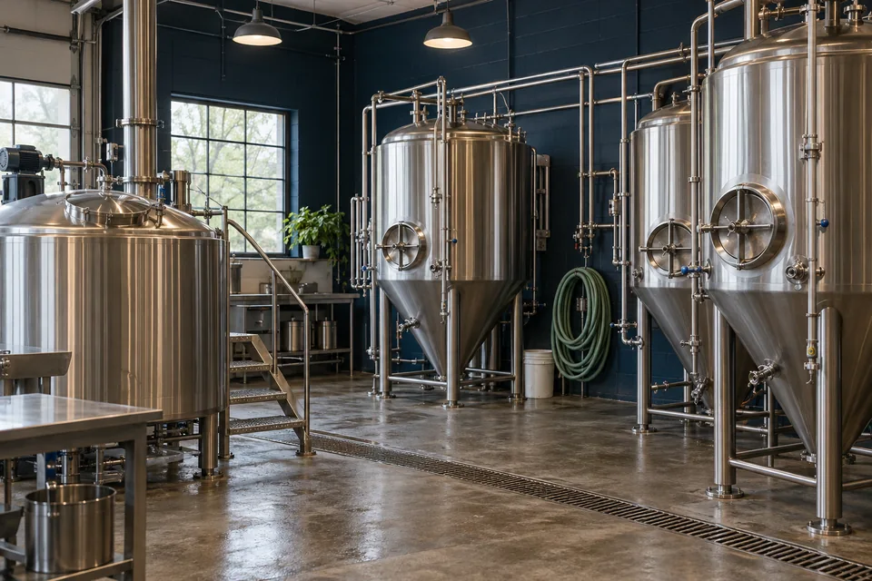 Illustrative craft brewery production area with fermentation tanks, pipework, and drainage.