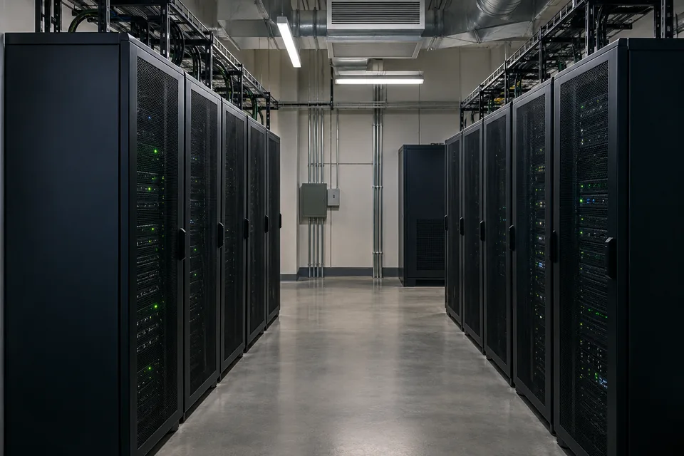 Illustrative small data center with server racks, cable trays, and dedicated cooling.