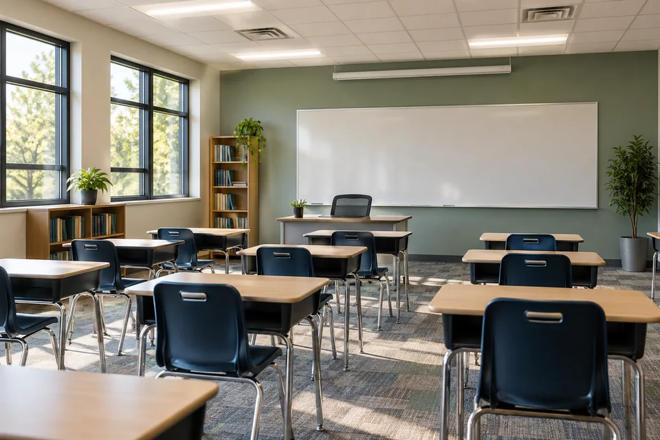 Illustrative classroom with desks, daylight, ceiling lighting, and ventilation.