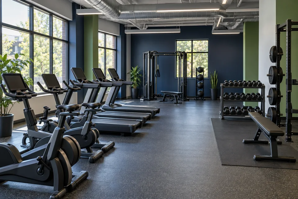 Illustrative fitness studio with exercise equipment, lighting, and ventilation.