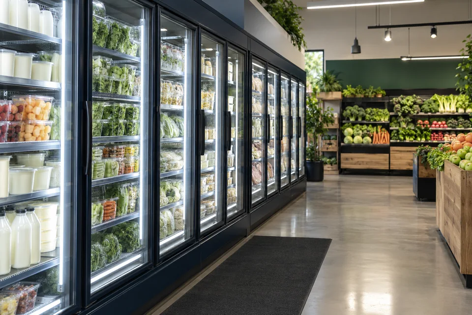 Illustrative grocery refrigerated aisle with glass-door cases and produce displays.