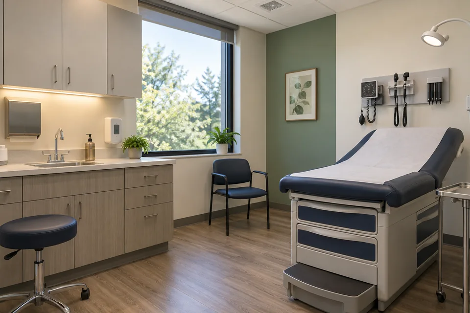 Illustrative outpatient clinic examination room with task lighting and ventilation.