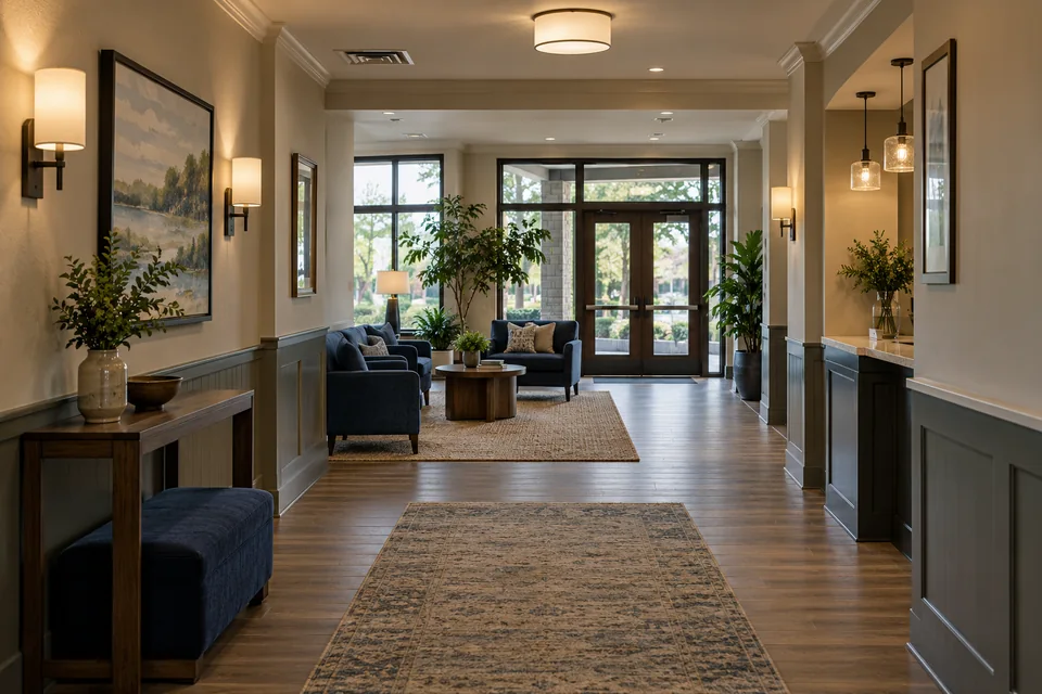 Illustrative hotel corridor and lobby showing lighting and conditioned common spaces.