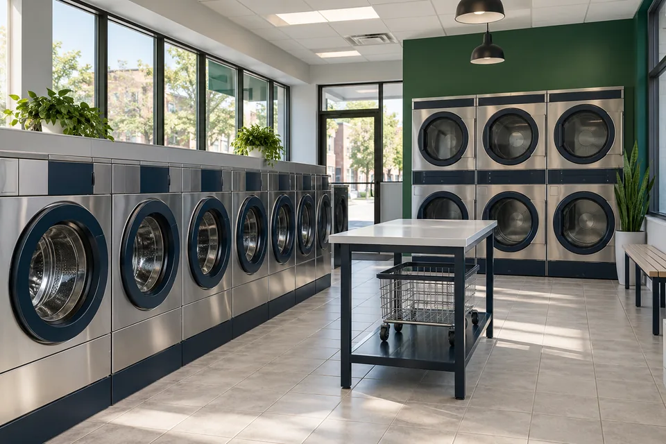 Illustrative laundromat interior with commercial washers, dryers, and folding area.