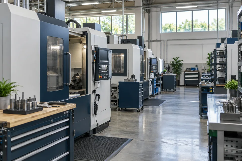 Illustrative industrial work floor with organized equipment and natural light