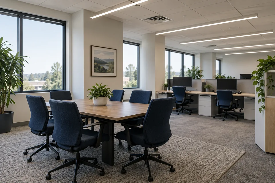 Illustrative small-business office with workstations, lighting, and ceiling ventilation.
