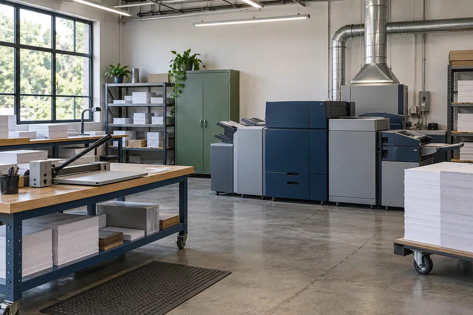 Illustrative commercial print shop with production printer, paper handling, and workbench.