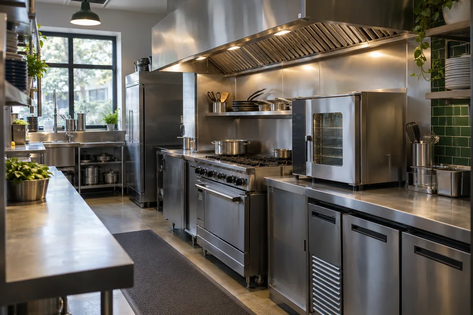 Illustrative commercial restaurant kitchen with cooking equipment, refrigeration, and extraction hood.