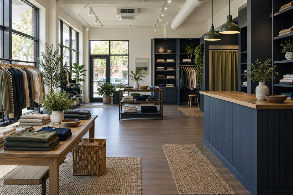 Illustrative independent retail shop with display lighting and a conditioned sales floor.