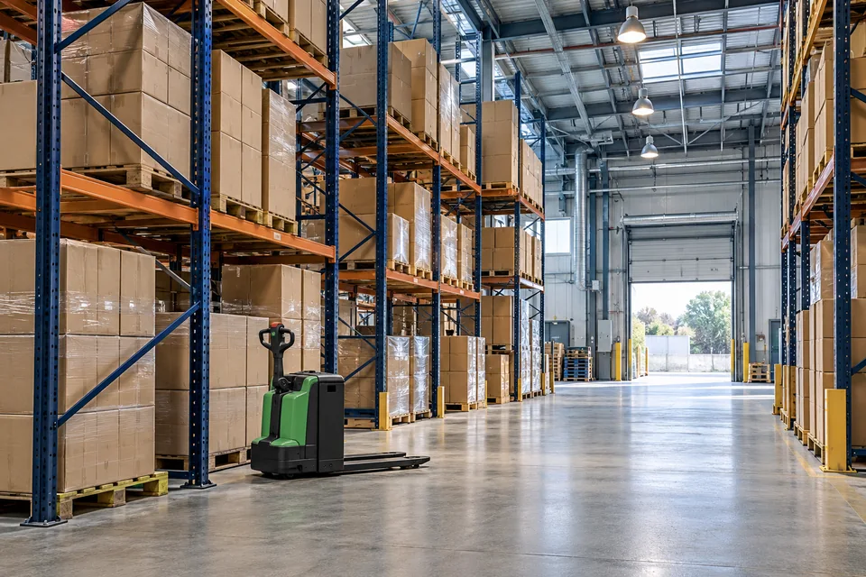 Illustrative warehouse with storage racks, high-bay lighting, and an electric pallet jack.