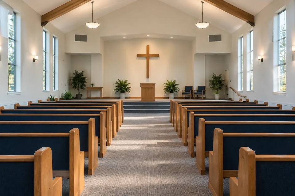 Illustrative community worship space with seating, lighting, and ventilation.