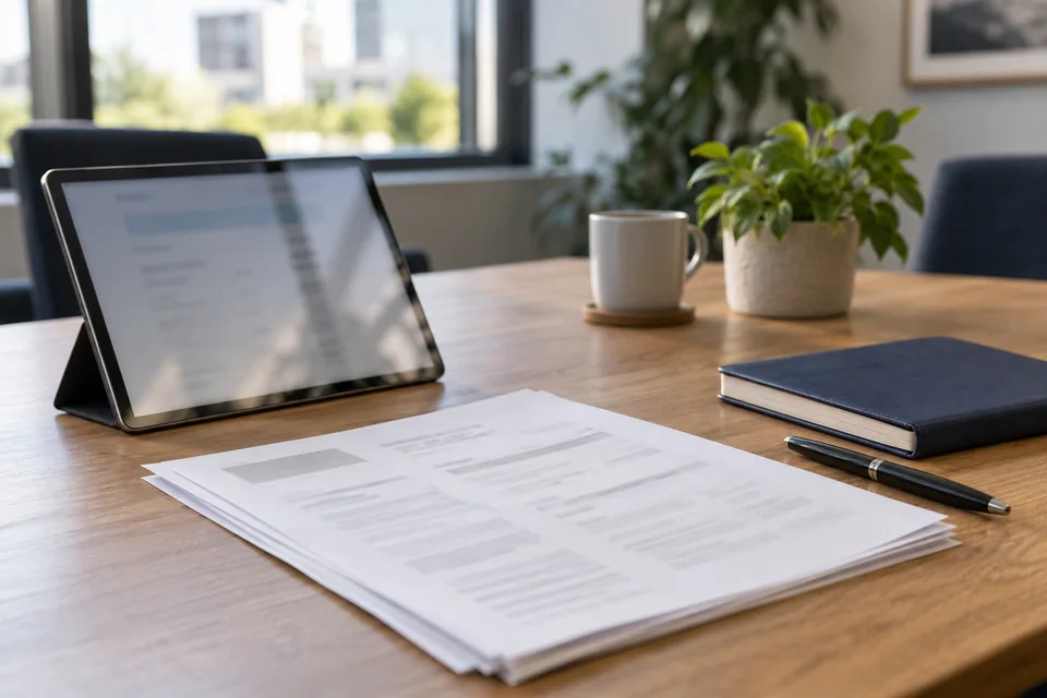 Illustrative business desk with unbranded documents prepared for an energy review